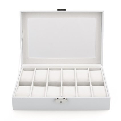 Amzdeal 12 Slot Glass Top Leather Watch Box Watch Display Case Organizer for Men's or Ladies Watch Jewelry Box - White