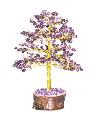 Crocon Natural Healing Gemstone Crystal Bonsai Fortune Money Tree for Good Luck, Wealth Health & Prosperity Spiritual Gift Size-10 INCH (Amethyst (Golden Wire))