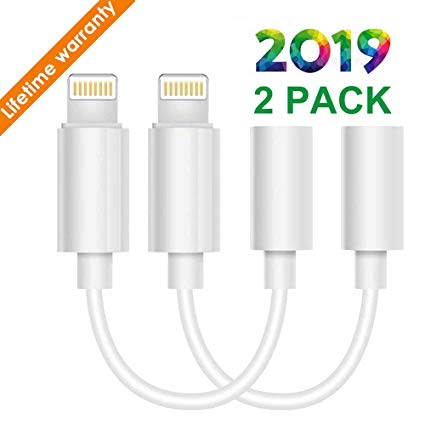 Lighting to 3.5 mm Headphone Adapter Earphone Earbuds Adapter Jack 2 Pack, Compatible with iPhone 11 Pro Max X/XS/Max/XR 7/8/8 Plus Plug and Play Camera Mounts (White)