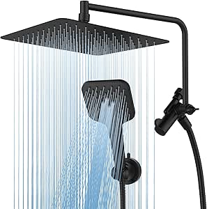 Gabrylly Shower Heads with Handheld Spray Combo, 10" High Pressure Rainfall Shower Head with 11" Extention Arm and Suction Cup Holder, 3-Setting Handheld Shower Head with 59" Shower Hose, Matte Black