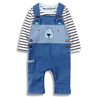 Baby Boys Jeans Romper Sets Toddler Doggy Jumpsuit Outfit with Suspenders & Tee