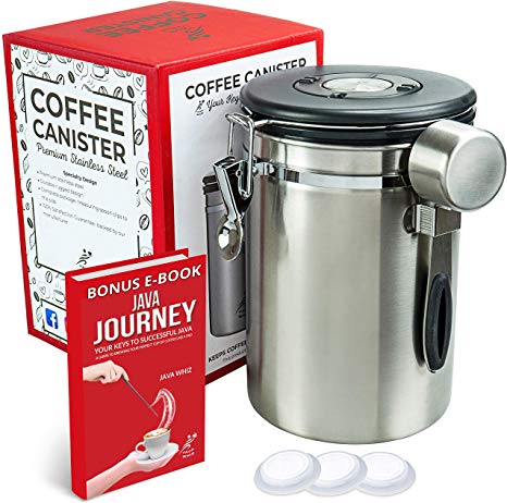 Stainless Steel Coffee Container by Java Whiz - 22oz Canister – Bonus Ebook - Airtight Lid - CO2 Valve - Calendar Wheel - Storage for Whole Beans or Grinds- Scoop clips to side – Large Durable Design