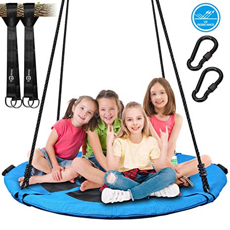 Trekassy 700lb 45 Inch Saucer Tree Swing for Kids Adults Textilene Age-Resistant with 2pcs 10ft Tree Hanging Straps, Steel Frame and Adjustable Ropes--Blue