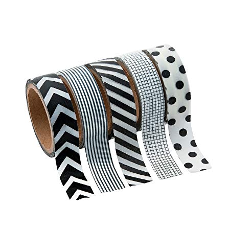 Black & White Patterned Washi Tape Set (5 Rolls Per Unit) Each Roll Includes 16 Ft. Of Tape.