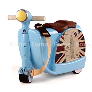 FOME Ride-On Suitcase Children's Multifunction Luggage Cart Storage Toy Box Suitcase with Pull Strap and Swivel Wheels, Blue