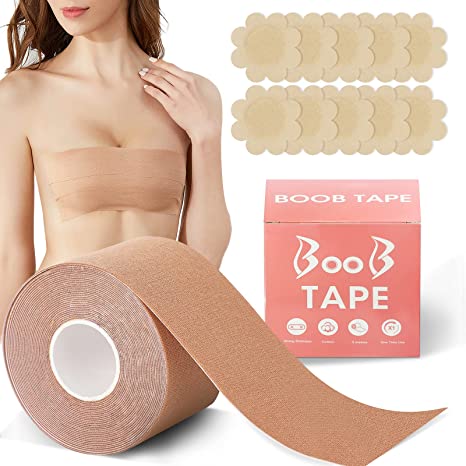 Breast Lift Tape with 10Pcs Reusable Nipple Cover, Waterproof boobtape Adhesive push up tape Breathable Chest Support Tape Boobytape, Invisible Lift Athletic Tape Adhesive Bra for Large Breast(Nude)