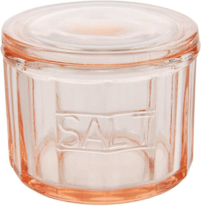 HOME-X Depression Style Pink Glass Salt Cellar with Lid, Retro Kitchen Decor, Wedding Gift - 3 1/2" H x 4" D