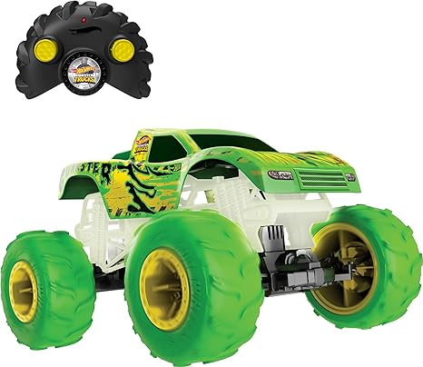 Hot Wheels Monster Trucks 1:15 Scale Gunkster RC Truck, Glows in The Dark, Terrain Action Tires with Off-Roading Capability