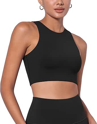 ODODOS Racerback Tank Bra for Women High Neck Non Padded Medium Support Sports Bra Workout Yoga Crop Tops