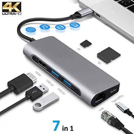 USB C Hub, Milletech 7-in-1 Type C Stable Hub with 1000Mbps Ethernet Port, 4K HDMI, 2 USB 3.0 Ports, SD/TF Card Reader, Charging with 60W Power, for Mac Pro and Other Type C Laptops