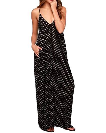 Yidarton Womens V-neck Polka Dot Pocket Long Maxi Dress