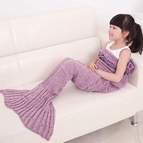 Girls Crochet Mermaid Tail Blanket Knitting Handcraft for Kids, All Seasons Sleeping Bag Blanket(55.1"x 27.6") (Pink)