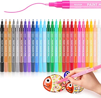 26 Colors Acrylic Paint Pens for Rock Painting, Stone, Ceramic, Glass, Wood, Fabric, Metal, Plastic, Canvas, Mugs, Porcelain, DIY Craft Supplies, Niutop Paint Markers Extra Fine Tip, Water Based