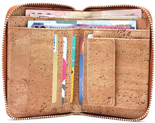 Boshiho Fashion Cork Wallet Zipper Around Design Bifold Purse Wallet with Coin Pocket Holder Eco Friendly Vegan Gift