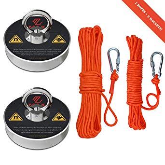 Max Magnets Fishing Magnet Kit, 2 Ropes with Twist Locking Carabiner   2 Eyebolt Fishing Magnets 300 LB Pull Force Each