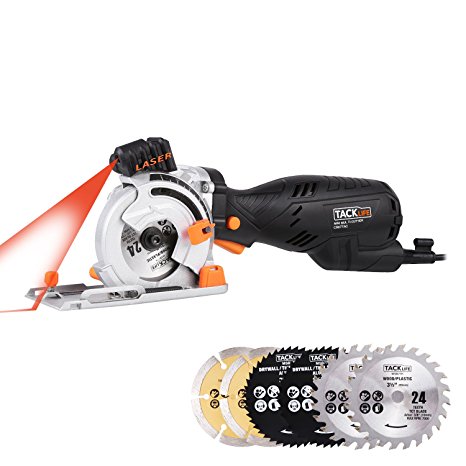 Tacklife CSK77AC Classic Mini Circular Saw 705W 5.8 A( Equivalent to 900W,7.5A) 4500 rpm Left-handed blade design with Laser, 6 Blades,Vacuum Adapter, Rip Guide for Tile, Wood Cutting