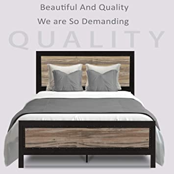 Allewie Full Size Metal Platform Bed Frame with Wooden headboard and Metal slats/Rustic Country Style Mattress Foundation/No Box Spring Needed/Strong Metal Slats Support/Easy Assembly