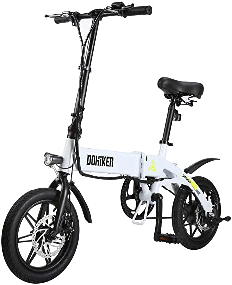 Dohiker Electric Bike Folding Bicycle 14 inch 250W Motor Max 16 mph with LED Headlight Built in USB