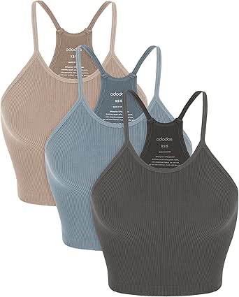 ODODOS Women's Crop 3-Pack Washed Seamless Rib-Knit Camisole Crop Tank Tops