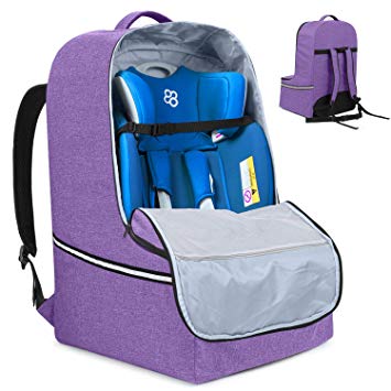 Teamoy Car Seat Travel Bag, Car Seat Gate Check Bag with Top Handle and Reflective Tapes, Infant Carseat Carrier Covers for Airplane, Purple