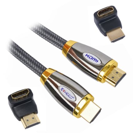 High Speed HDMI Cable 10 Ft by EXHEED® - Latest Ultra HD 4k 2160p Pro Series Premium Elite Braided Gold Plated for PS4, PS3, Xbox 360, Mac, HDTV, LCD   Free 90 Degree and 270 Degree Right Angle HDMI Adapter