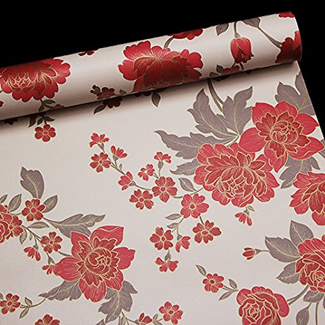 SimpleLife4U Vintage Red Peony Removable PVC Shelf Drawer Liner Home Decor Contact Paper 17x118 Inch