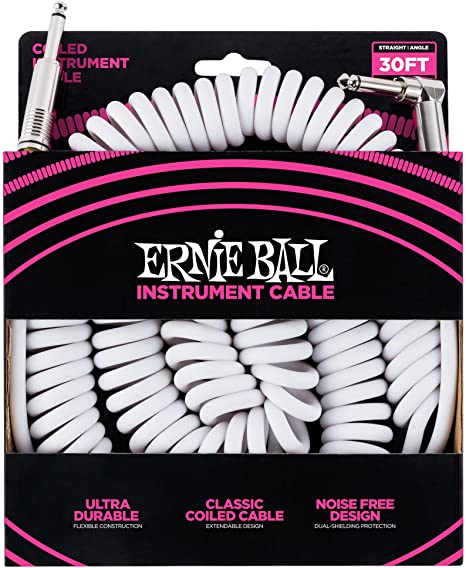 Ernie Ball 6045EB Straight/Angled Coiled Instrument Cable White 30'