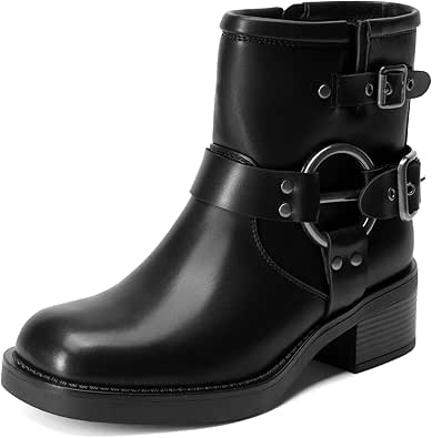 DREAM PAIRS Women's Ankle Boots Fashion Buckles Square Toe Motorcycle Riding Biker Boots Low Chunky Heel Fall Booties Shoes