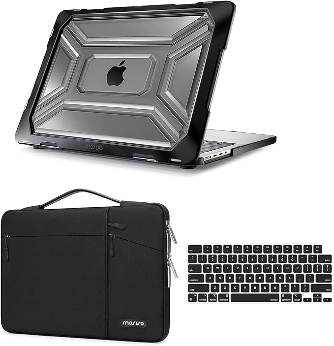 MOSISO Compatible with MacBook Pro 14 inch Case 2023 2022 2021 Release M2 A2779 A2442 M1 Pro/Max Chip with Touch ID, Plastic Hard Shell with TPU Bumper & Carrying Sleeve Bag & Keyboard Cover, Black