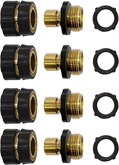 Garden Hose Quick Connector Aluminum 3/4" GHT Thread Garden Hose Fitting Quick Connector No-Leaks Water Hoses Quick Connect Release Male and Female Value Pack （4 Set）