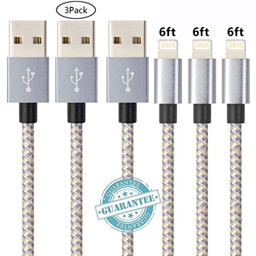 DANTENG Lightning Cable, 3Pack 6FT Extra Long Nylon Braided Charging Cord Certified To USB iPhone Charger For iPhone 7,5,5S,6,6S,6 Plus,iPad Air,Mini,iPod (GoldGrey)