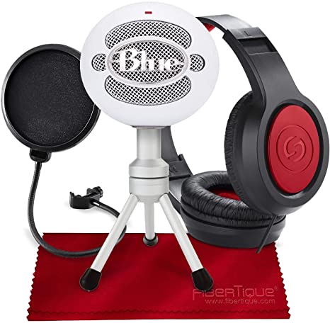 Blue Snowball iCE USB Cardioid Condenser Microphone (White) with Headphones and Pop Filter Deluxe Accessory Bundle