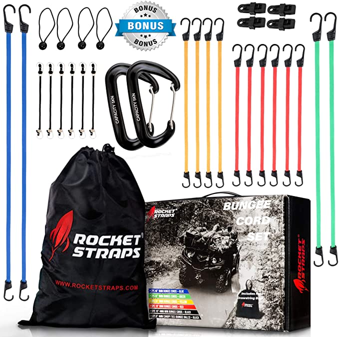 ROCKET STRAPS | (30) PC Bungee Cords with Hooks | Bungee Cord Assortment Includes | Tie Downs | Ball Bungees | Carrying Bag