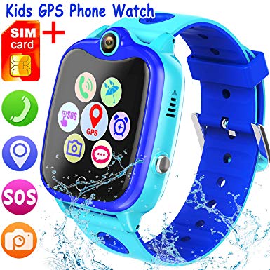 [SIM Card Included] Kids Smartwatch with GPS Tracker, Waterproof Smart Watch for Kids Boys Girls Age 3-12 Year Old, SOS Alarm Clock Digital Wrist Watch Phone Holiday Birthday Gift (Blue)