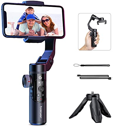BOMAKER 3-Axis Gimbal Stabilizer for Smartphone, Portable and Foldable Design with Tripod Grip, 3D Incepetion, Hitchcock, AI Face Tracking and Removable Battery for Vlogger and Youtuber