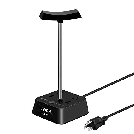 Headphone Stand with 4 USB Charging Port 2 Outlet LED Desk Lamp Lighting HD Clock Display - Universal Sizes Gaming Headset Hanger Support