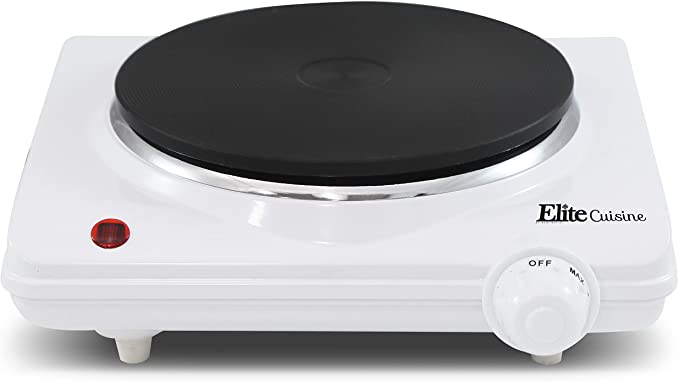 Elite Gourmet Countertop Electric Hot Burner, Temperature Controls, Power Indicator Lights, Easy to Clean, Single, White