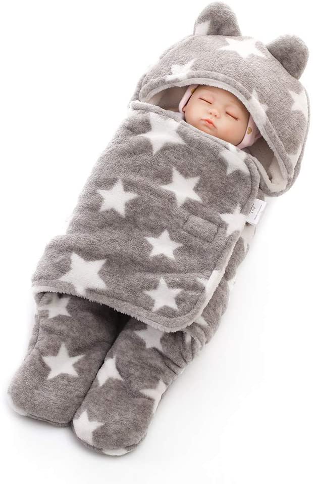 Baby Hooded Swaddle Blanket, Baby Cute Cotton Plush Receiving Blanket Fleece Swaddle Sleeping Bag Sack Stroller for Baby Boys and Girls Photography Prop (0-18 Months,Grey)