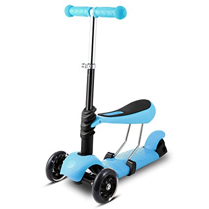 Fast 3-Wheel Mini Kick Scooter,Toddler Scooter with Removable Seat Adjustable Handlebar LED Flashing Wheels for Kids