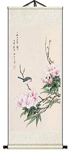 MEGREZ Traditional Chinese Silk Scroll Painting Wall Scroll Watercolour Flowers Birds Decorative Paintings Home Décor for Living Room Bedroom Office, 140 x 45 cm (55.11 x 17.71 inch) - Pattern E