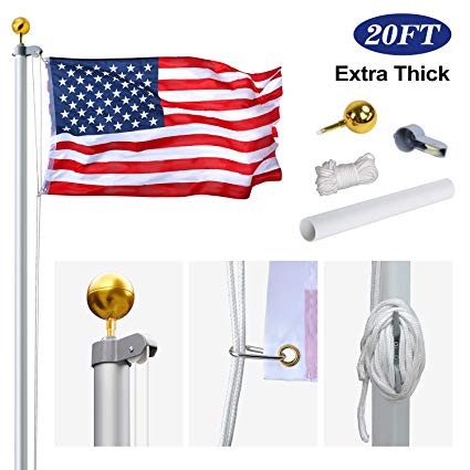 AkTop 20FT Sectional Flag Poles Kit, Portable Extra Thick Aluminum In Ground American Flag Pole, Outdoor Heavy Duty Flagpole with 3x5 USA Flag & Golden Ball for Commercial or Residential, Silver