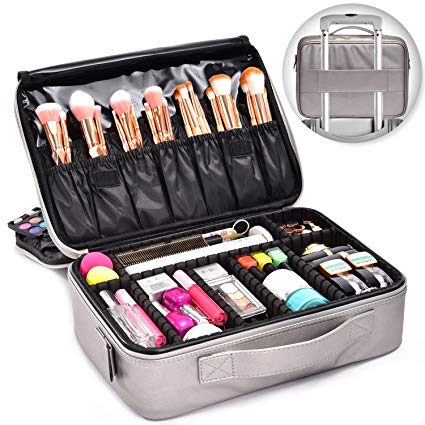 Joligrace Professional Makeup Bag Organizer 15 Inch Cosmetic Case 3 Layer Beauty Artist Storage Brush Box with Shoulder Strap PU Leather Designed for Home Travel or Studio Silver Tone