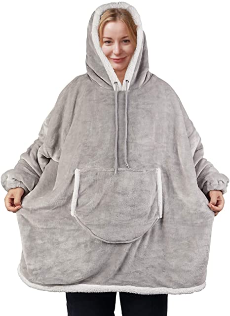 Hoodie Blanket Sweatshirt, Wearable Sherpa Microfiber Fleece Pullover with Front Pocket, Super Soft Warm Cozy Throw for Men and Women, One Size Fits All (Grey)