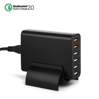 JZBRAIN Quick Charge 2.0 Technology 60W 6-Port Multi-Port Intelligent USB Wall Charger Portable Travel Power Adapter with US Plug Power Cable and Hub Holder for iPhone iPad Samsung Motorola and More