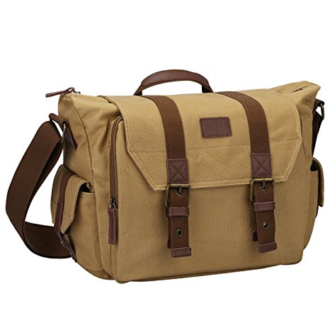 S-ZONE Fashion Vintage Waterproof Casual Canvas SLR Digital Camera Bag Messenger Shoulder Case with Shockproof Insert & Tablet Pocket for Canon/Nikon/Sony/Pentax DSLR and Accessories Khaki