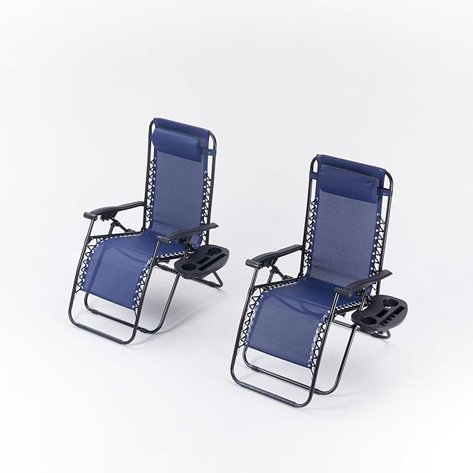 Casa Andrea Milano Set of 2 Outdoor Adjustable Zero Gravity Lounge Chair, Folding Patio Recliner with Headrest, Cup Holder, Side Tray, Dark Blue