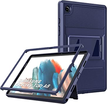 MoKo Case Fits Samsung Galaxy Tab A8 10.5 Inch 2022 (SM-X200/SM-X205/SM-X207), Shockproof Full Body Rugged Stand Back Cover Built-in Screen Protector Fit Galaxy Tab A8 10.5" 2022 Tablet, Dark Blue