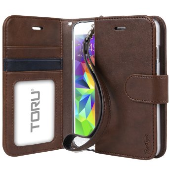 Galaxy S5 Case Wallet TORU Prestizio Wallet S5 Wallet Case with CARD SLOTID HOLDERKICKSTANDWRIST STRAP - Premium Wristlet Leather Flip Cover for Samsung Galaxy S5 - Brown