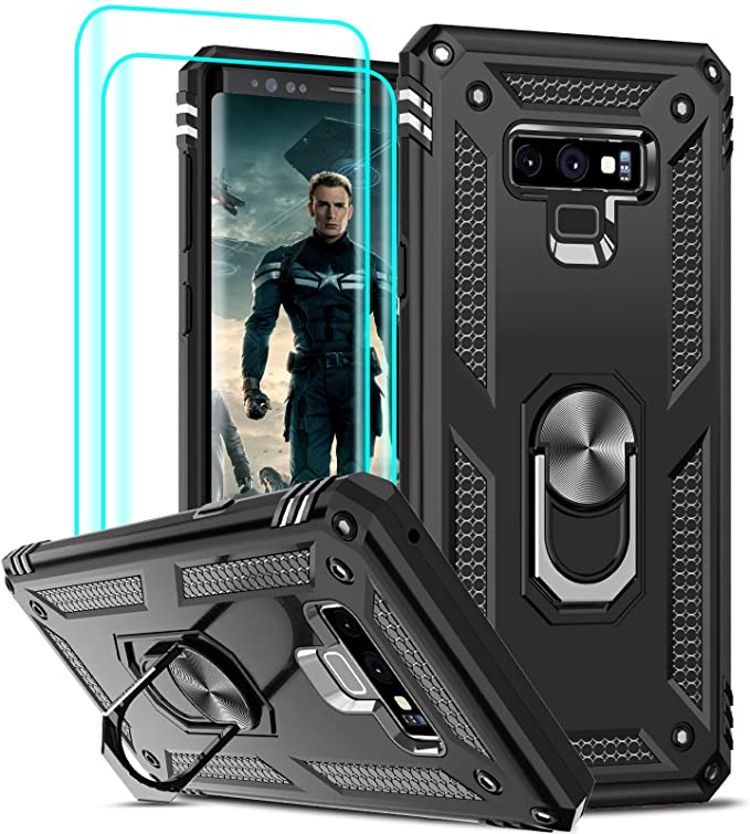 LeYi for Note 9 Case, Samsung Galaxy Note 9 Case Cover with [2 Pack] 3D Curved Screen Protector, [Military-Grade] Ring Holder Kickstand Shockproof Protective Phone Case for Galaxy Note 9, Black