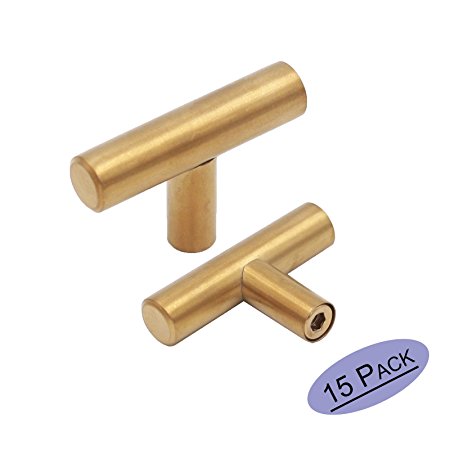 Goldenwarm 15pcs Brushed Brass Single Bar Cabinet Cupboard Drawer Door Handle Pull Knob LS201GD for Furniture Kitchen Hardware Overall Length 2in